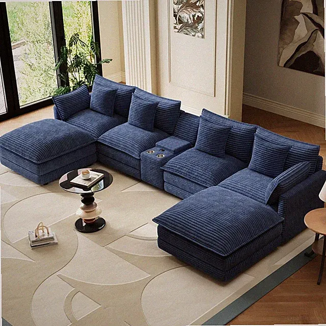 Modern 143" Corduroy U Shaped Sectional Sofa 6 Seat with USB Console Cup Holders