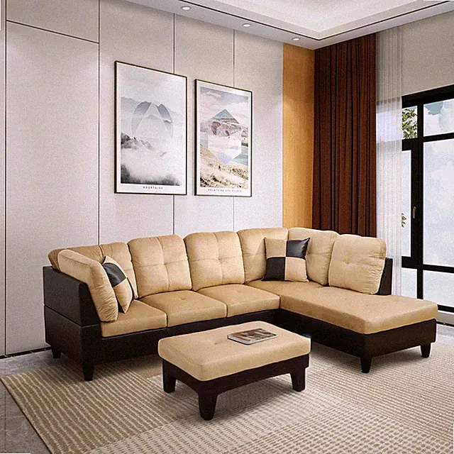 Modern 2-Piece Beige L-Shape Sectional Sofa with Right Chaise for Living Room