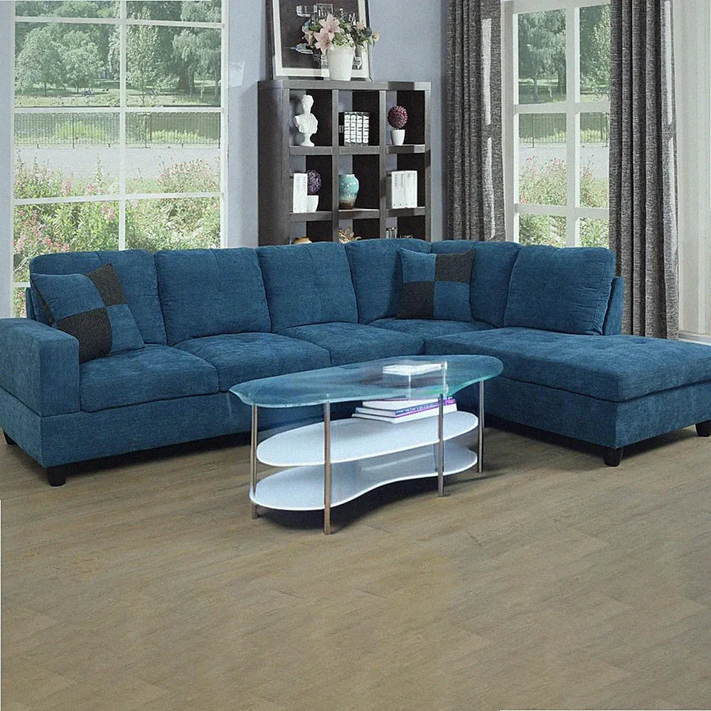 Modern 2-Piece Blue L-Shape Sectional Sofa with Right Chaise for Living Room