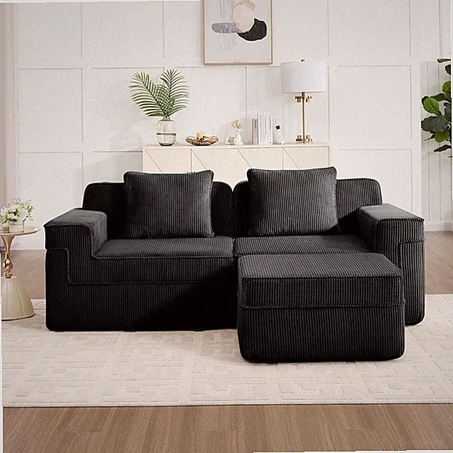 Modern 2-Seat L-Shaped Cloud Couch with Pillows & Ottoman, Black Corduroy