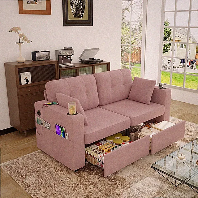 Modern 2 Seat Sectional Sofa Upholstered Couch w/ 2 Storage Drawer and USB Port