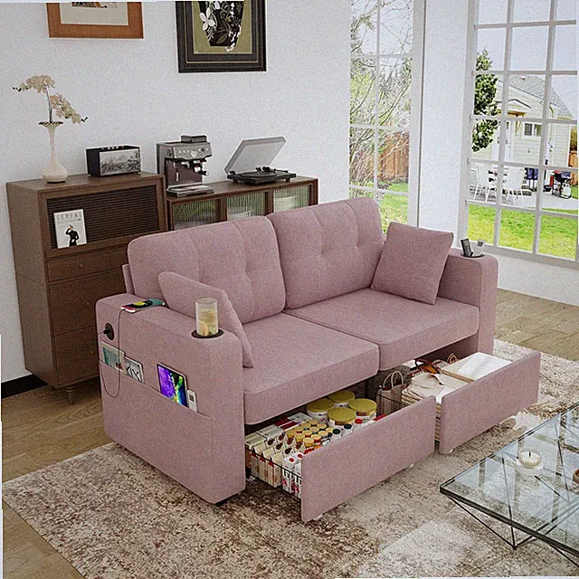 Modern 2 Seat Sectional Sofa Upholstered Couch w/ 2 Storage Drawer and USB Port