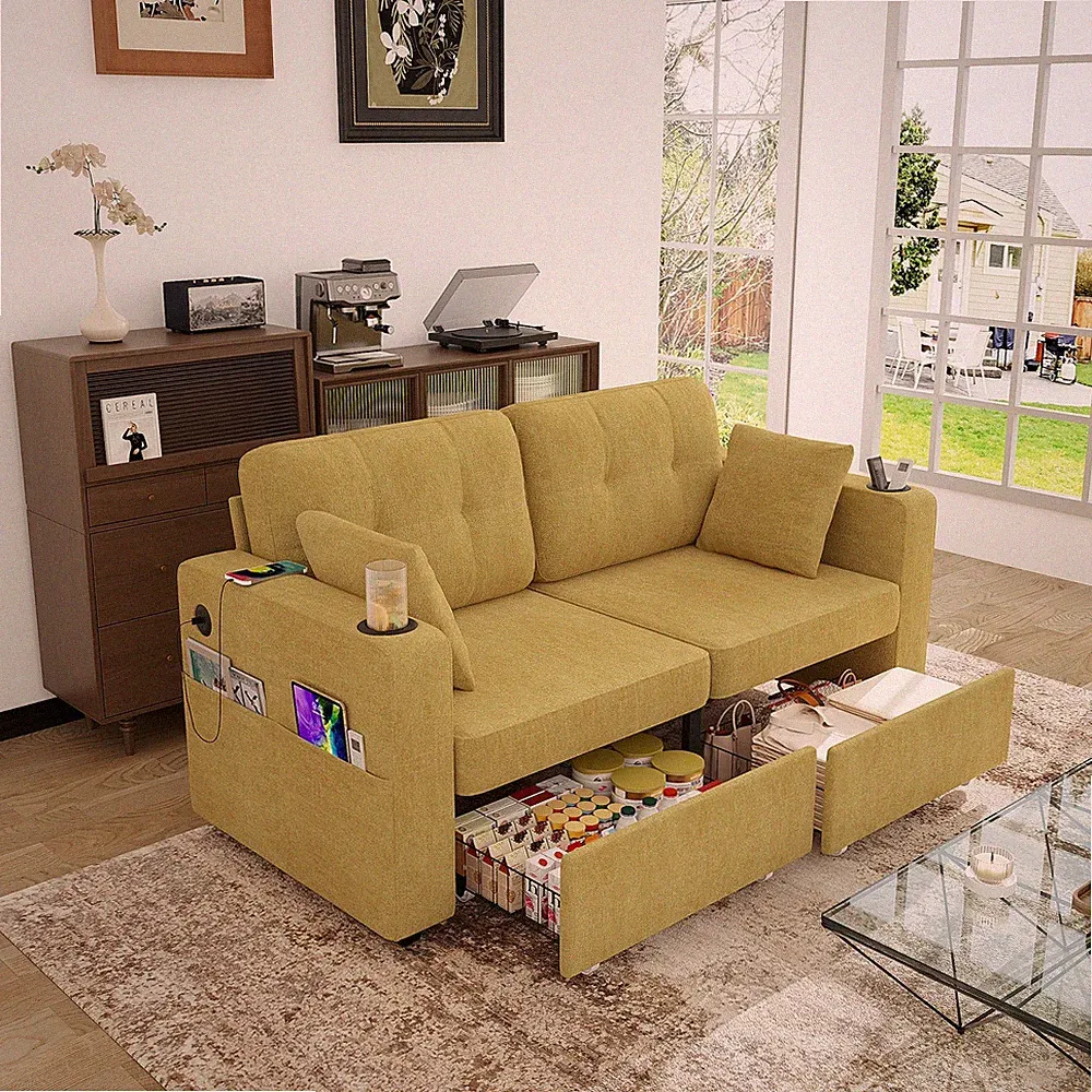 Modern 2 Seat Sectional Sofa Upholstered Couch w/ 2 Storage Drawer & USB Ports