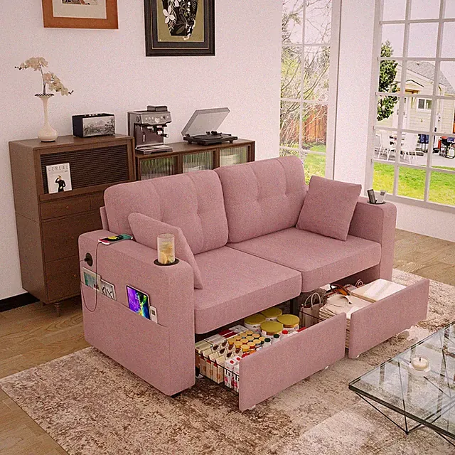 Modern 2 Seat Sectional Sofa Upholstered Couch w/ 2 Storage Drawers and USB Port