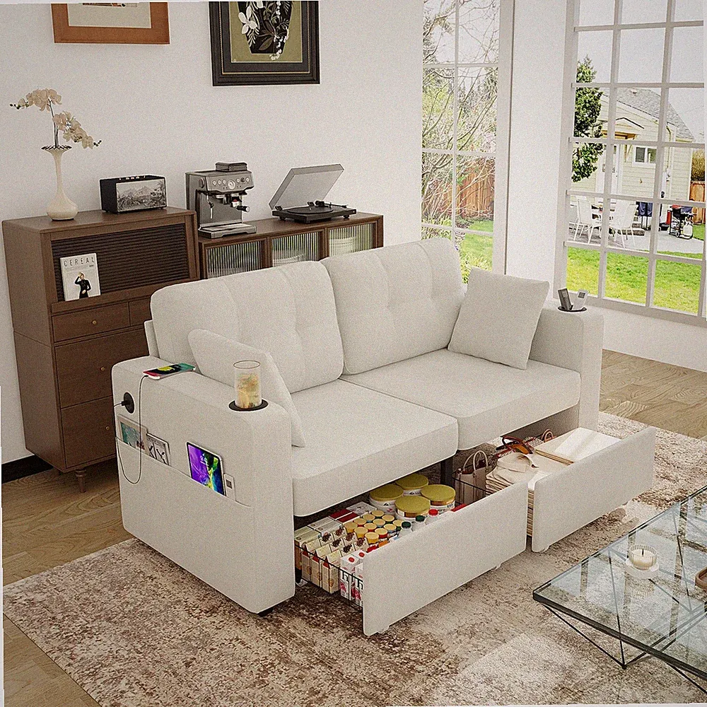 Modern 2 Seat Sectional Sofa Upholstered Couch w/ 2 Storage Drawers & USB Ports