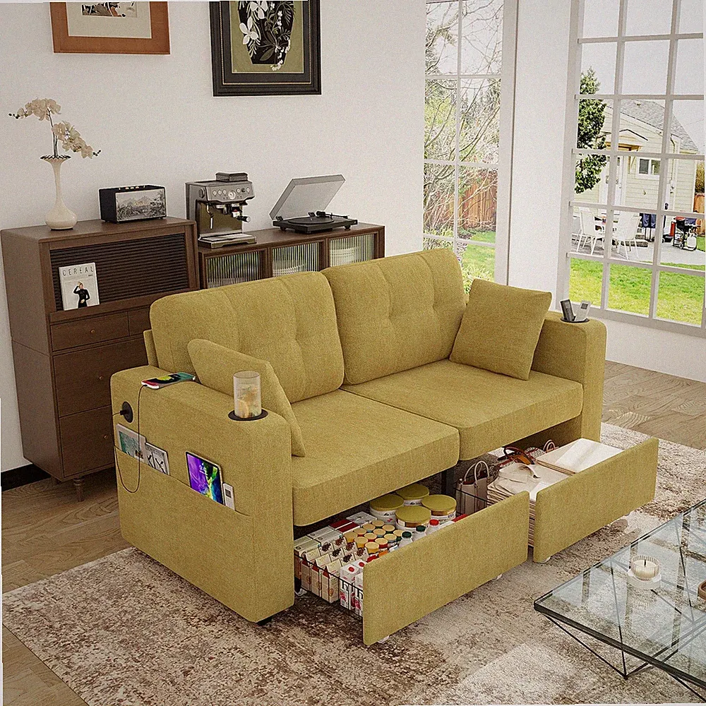 Modern 2 Seat Sectional Sofa Upholstered Couch w/ 2 Storage Drawers & USB Ports