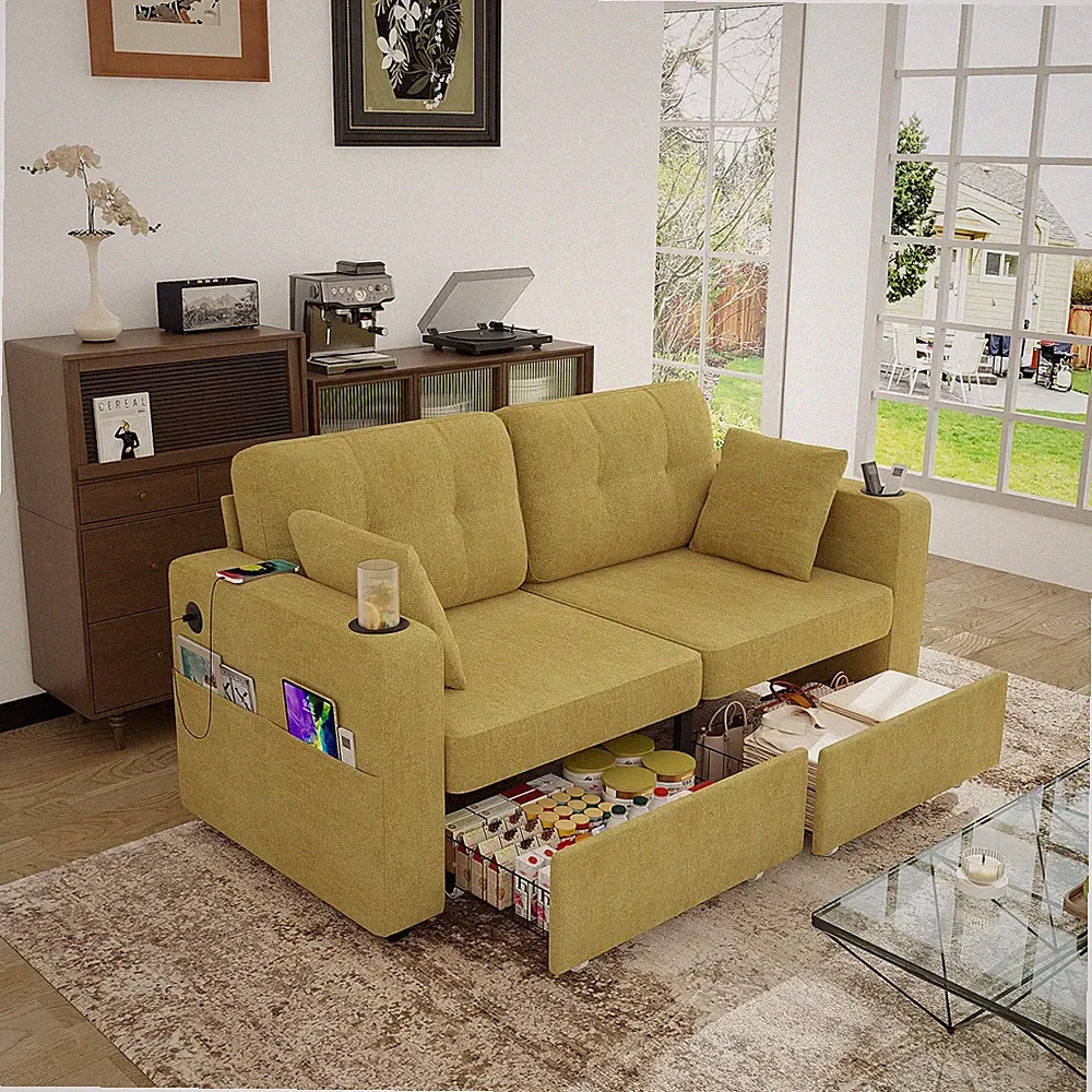 Modern 2 Seat Sectional Sofa Upholstered Couch w/ 2 Storage Drawers & USB Ports