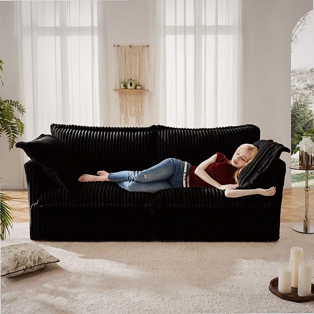 Modern 2-Seat Sofa, Corduroy Deep Seat Couch with Removable Cover, Black