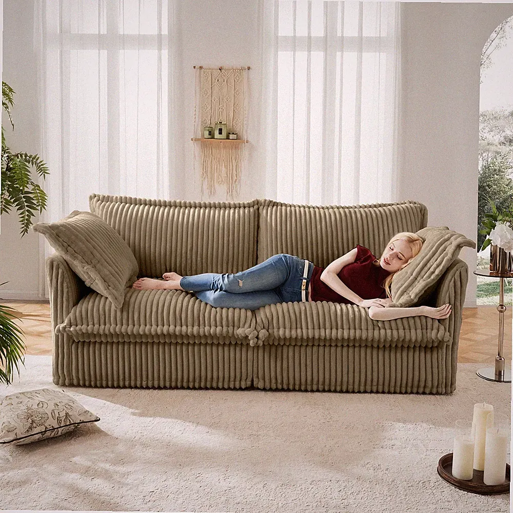 Modern 2-Seater for Comfy Sofa for Small Space Apartment Camel Corduroy Sofa