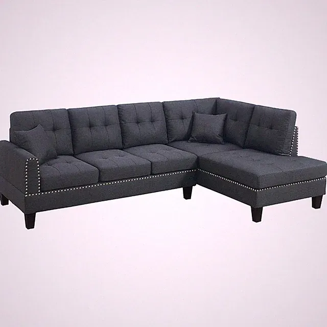Modern 2pc Sectional Sofa Charcoal Linen with Nailhead Trim