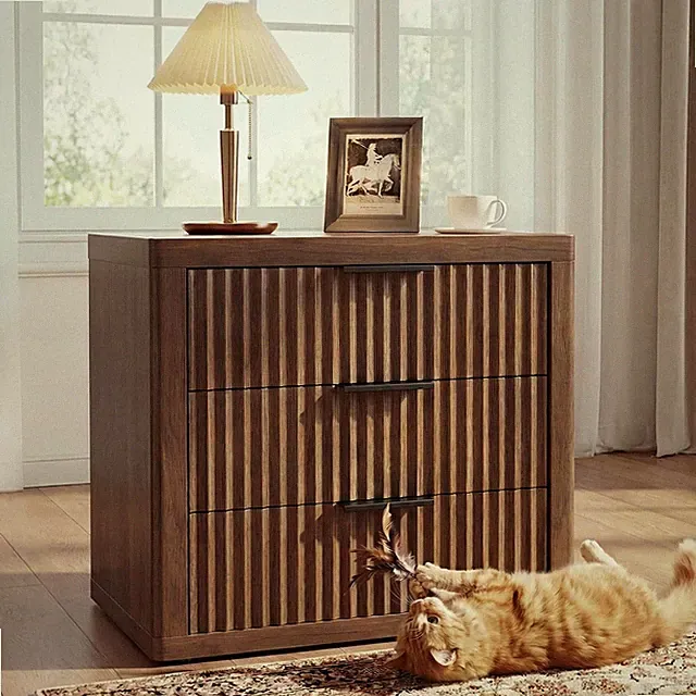 Modern 3-Drawer Nightstand with Storage, Walnut Fluted Bedside Table