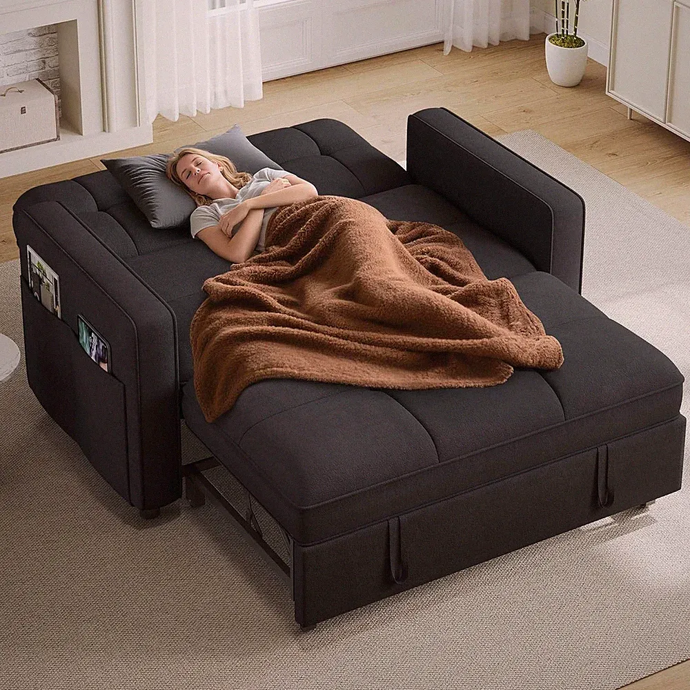 Modern 3-in-1 Convertible Sofa Bed with USB Ports & Chaise - Black