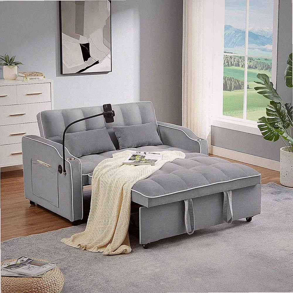 Modern 3-in-1 Pull Out Bed Convertible Velvet Sleeper Sofa w/ USB Charging Port