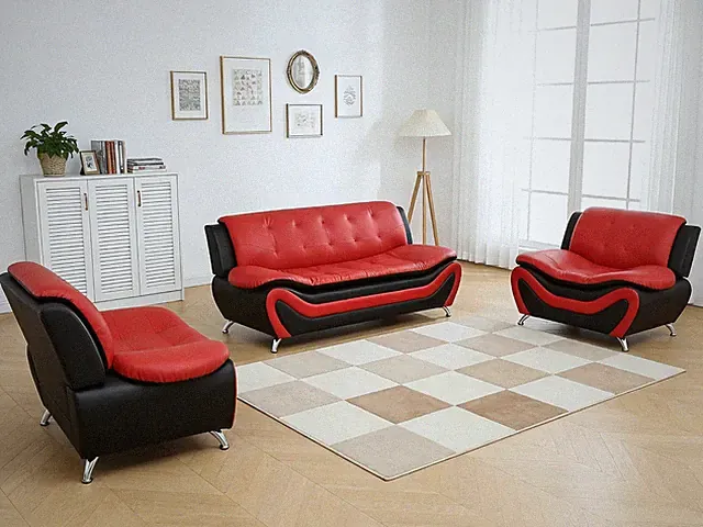 Modern 3-Piece Sofa Set: Sectional Couch, Loveseat & Armchair in Black/Red