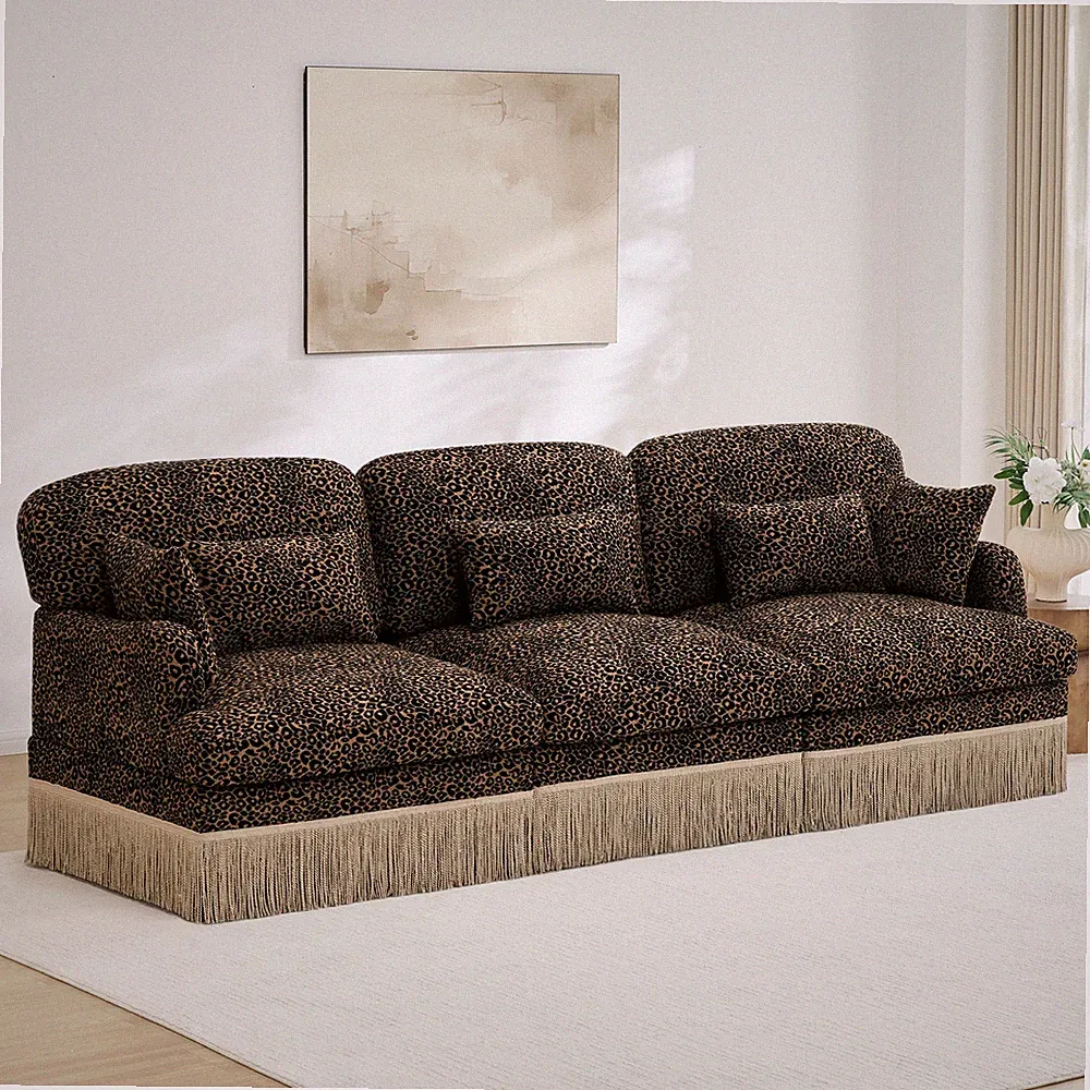 Modern 3-Seat Leopard Print Chenille Sofa, Tassel Edge, Modular Sectional