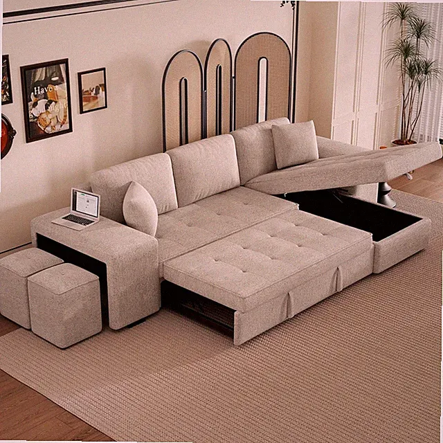 Modern 3-Seat Reversible L-Shaped Sleeper Sofa with Storage and Stools, Cream