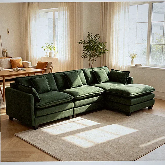 Modern 3-Seat Sectional Sofa with Ottoman & Chaise Lounge, 113.77"