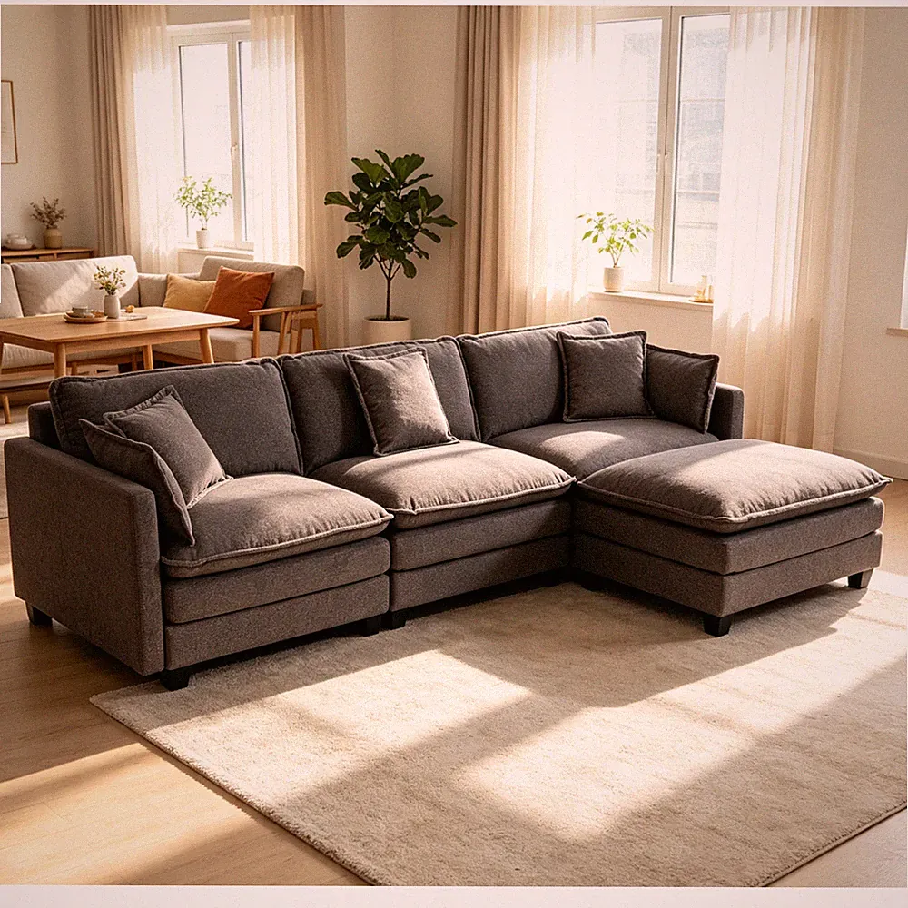 Modern 3-Seat Sectional Sofa with Ottoman & Chaise Lounge, 113.77"