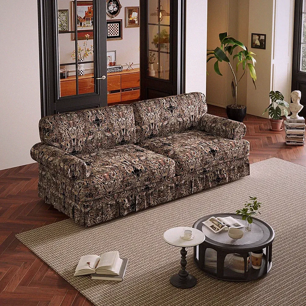 Modern 3-Seater Cloud Couch, Black Floral Fabric Sofa with Plush Seating