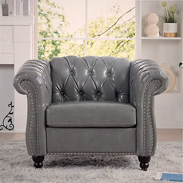 Modern 39" Gray Chesterfield Sofa with Rolled Arms & Tufted Cushion