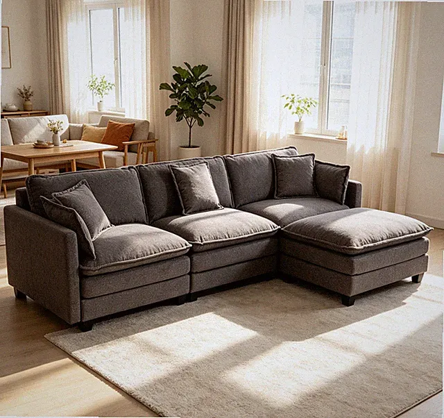 Modern 3seats w/ottoman 113.77"Sectional Sofa w/Waist Pillows,3-seat Upholste