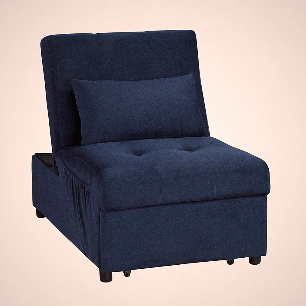 Modern 4-in-1 Futon Chair Blue Convertible Pull-Out Sofa Bed Storage Tufted