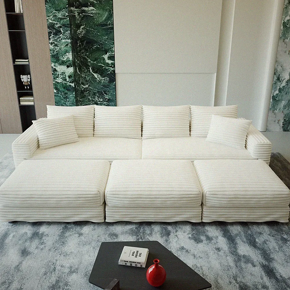 Modern 4-Seat Corduroy Convertible Sectional Sofa Modular Couch With Square Arms