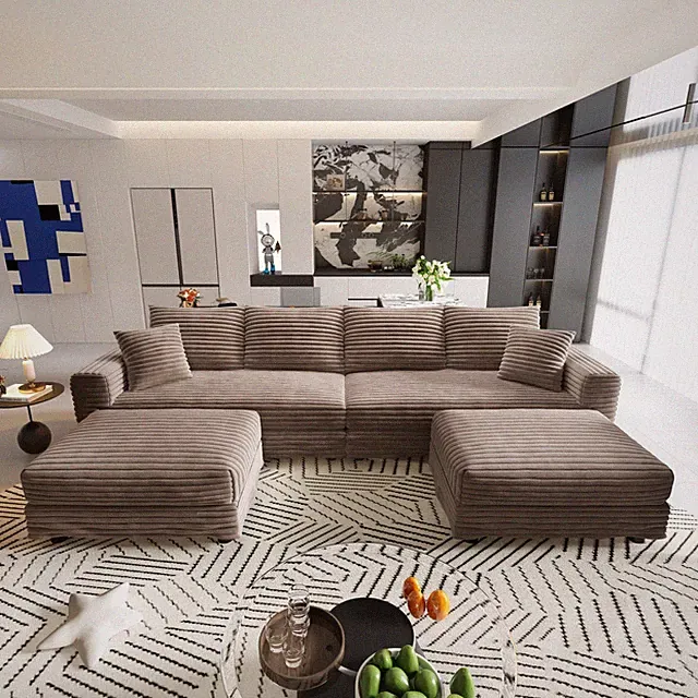 Modern 4-Seat Corduroy Convertible Sectional Sofa Modular Couch With Square Arms
