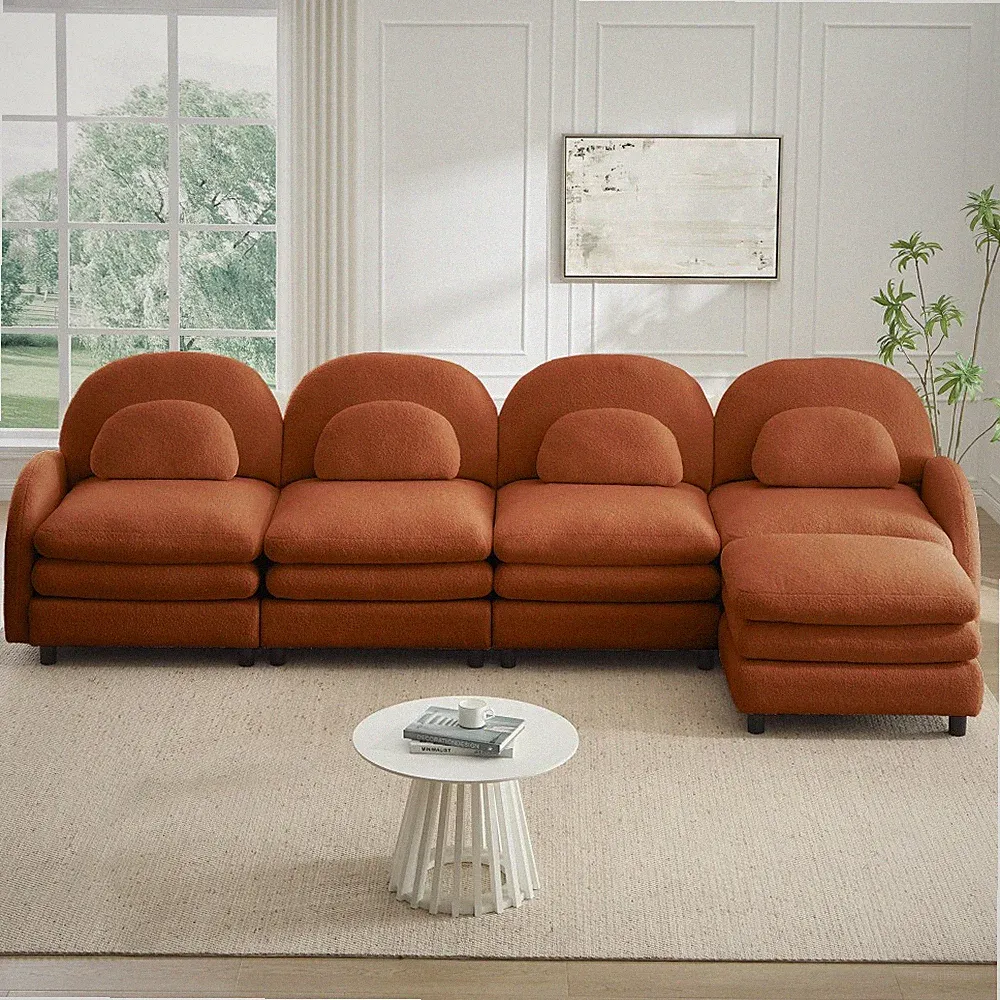 Modern 4-Seat Curved Sectional Sofa with Ottoman & Lumbar Pillows, Orange