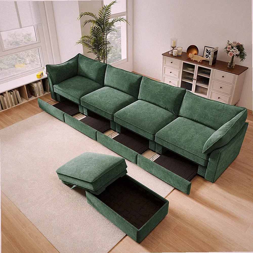 Modern 4 Seat Green Chenille Sectional Sofa with Storage Ottoman & Crescent Arms