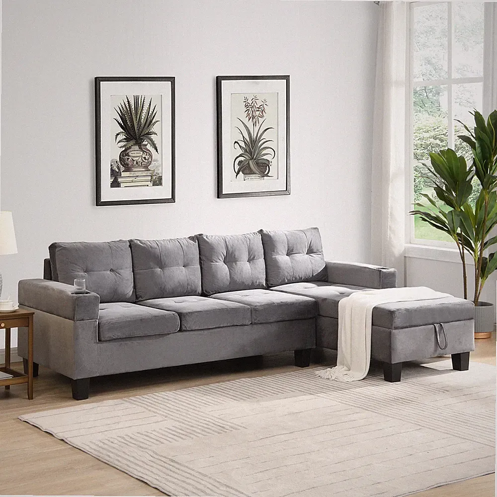Modern 4 Seat L-Shape Sectional Sofa with Storage Chaise, Cup Holders, Gray