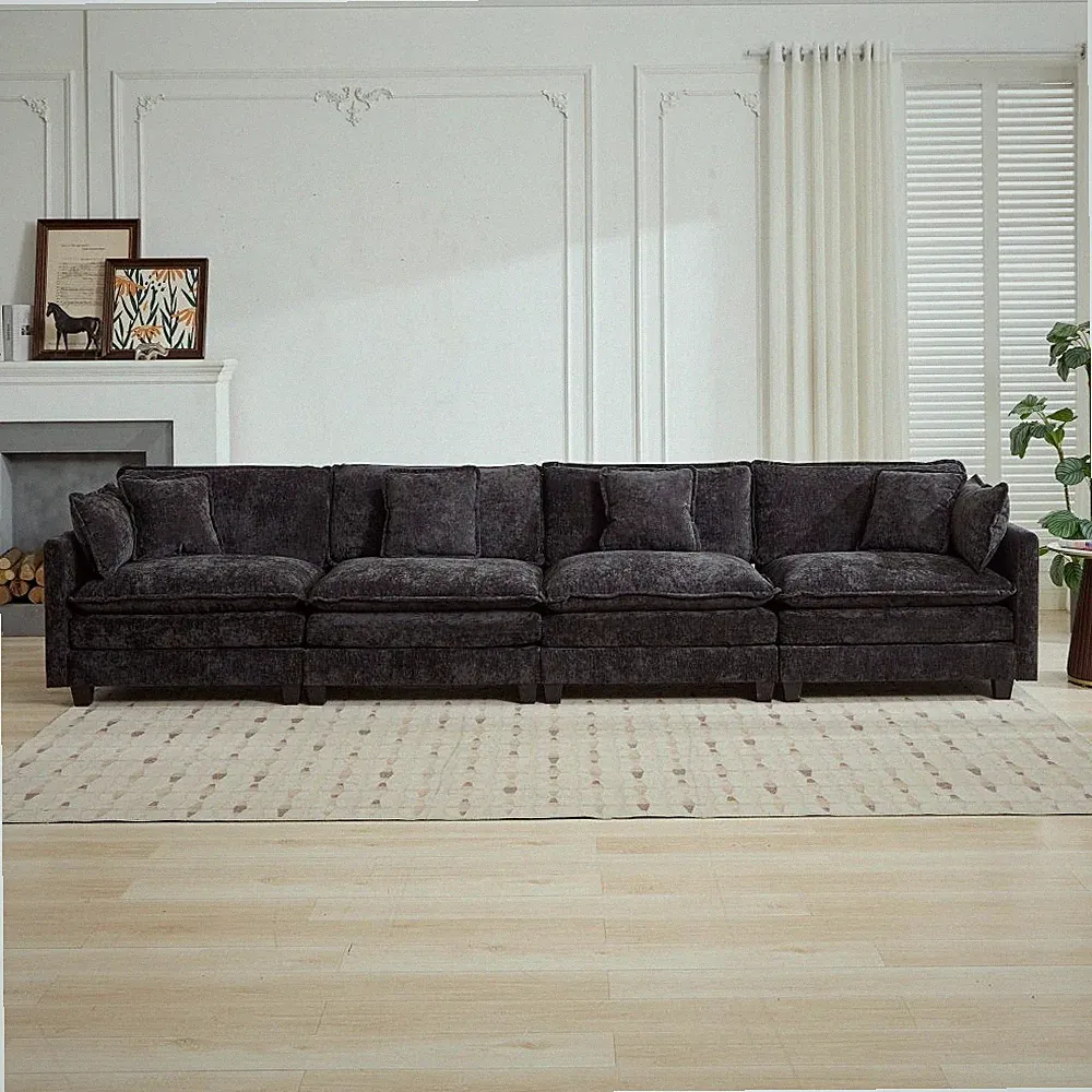 Modern 4-Seat Sectional Sofa, Chenille Fabric with Cushion Back Black