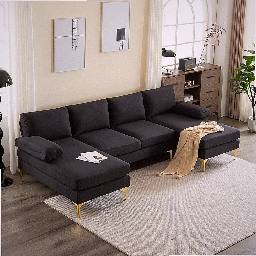 Modern 4 Seat Sectional Sofa U Shape Couch Set with 2 Chaise Metal Leg
