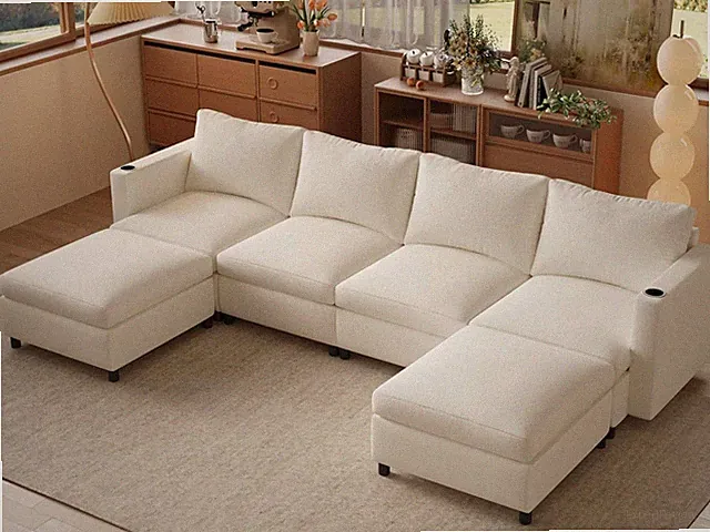Modern 6-Seat Sectional Sofa Bed with Storage & Ottoman, White Chenille