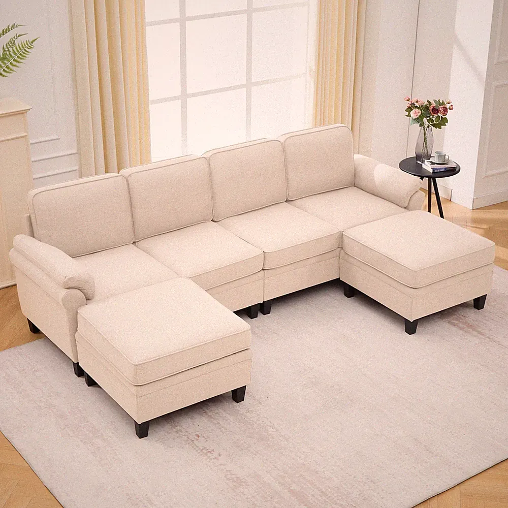 Modern 6-Seater U-Shaped Sectional Sofa Modular Couch w/ Movable Ottoman Storage