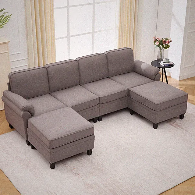 Modern 6-Seater U-Shaped Sectional Sofa Modular Couch w/ Movable Ottoman Storage