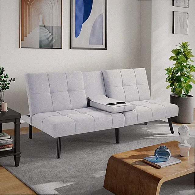 Modern 65" Convertible Futon Sofa with Cup Holders - Light Gray