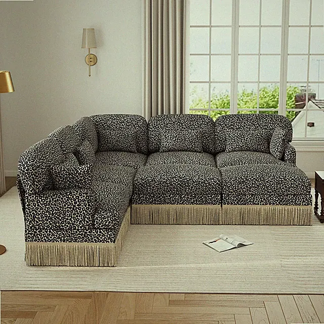 Modern 7-Seater Leopard Print Chenille Sectional Sofa with Tassels