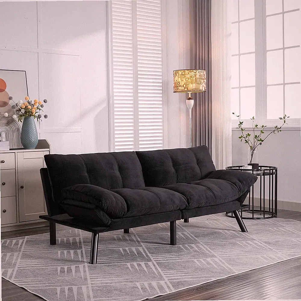 Modern 71" Futon Sofa Bed, Adjustable Backrest Loveseat for Living Room, Black