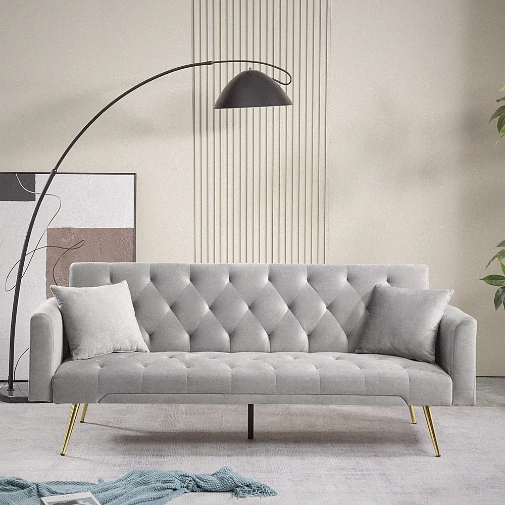 Modern 71" Velvet Futon Sofa Bed with 2 Pillows & Adjustable Backrest, Gray