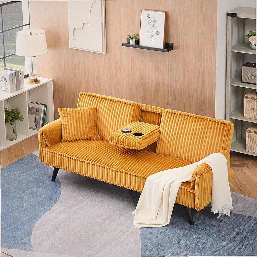 Modern 72-Inch Plush Corduroy Futon Sofa Bed with Adjustable Backrest & Cupholde