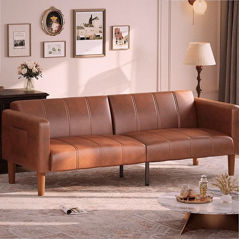 Modern 75-Inch Faux Leather Futon Sofa Bed for Small Spaces, Brown