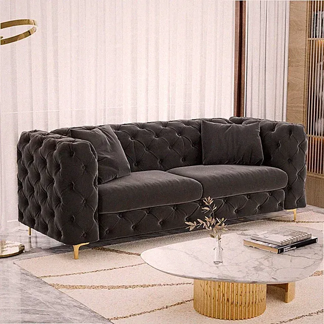 Modern 75in Velvet Tufted Deep Seat Sofa Upholstered Chesterfield Style Couch