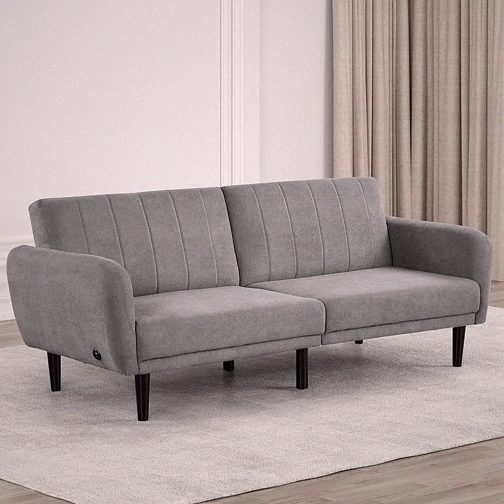 Modern 81-Inch Futon Sofa Bed with USB Ports and Pocket Coil, Gray