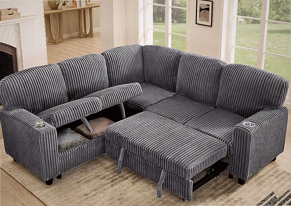 Modern 81" L-Shaped Corduroy Sectional Sofa Bed with Storage & Charging Station