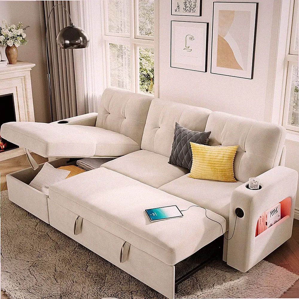 Modern 84" L-Shaped Sleeper Sofa with Storage & LED Lights - Beige Velvet