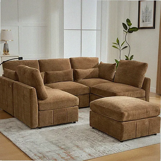 Modern 85.4" U-Shaped Cloud Sofa with Ottoman, USB & Phone Holder - Brown