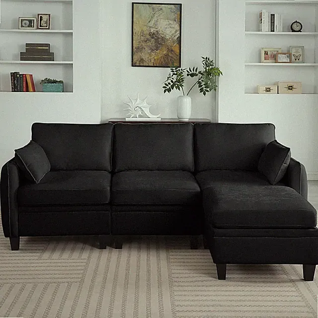 Modern 85" Chenille L-Shaped Sleeper Sofa Set with Storage & Ottoman, Black