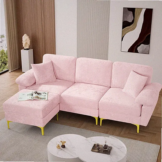 Modern 91" 4 Seat Velvet L Shaped Sectional Sofa Couch with Ottoman and Pillows