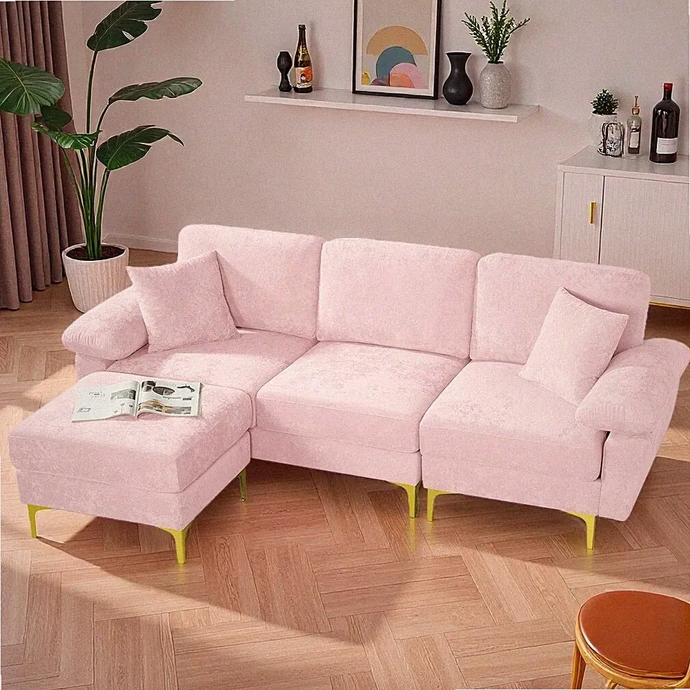 Modern 91" L Shaped Sectional Sofa Couch w/ Ottoman Velvet 3 Seat Cloud Sofa Set